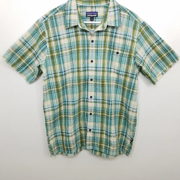 Patagonia Puckerware Shirt Organic Cotton Plaid in Beryl Green Large - Picture 4 of 13